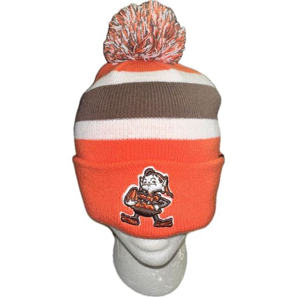 Men's Cleveland Browns New Era Orange‎ Basic Striped Cuffed Knit Hat OSFA Pom - Picture 1 of 3